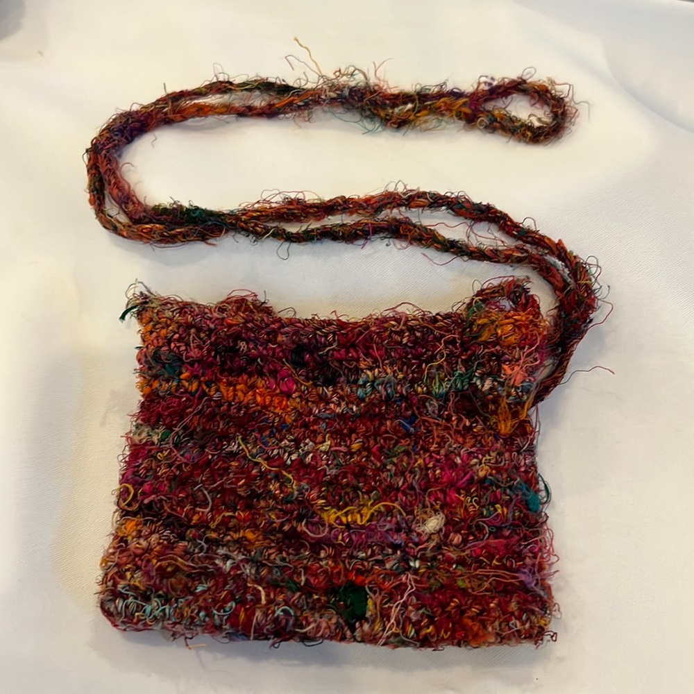 Crossbody multicolor purse. Recycled silk, handmade in Nepal. 6” x 5”
